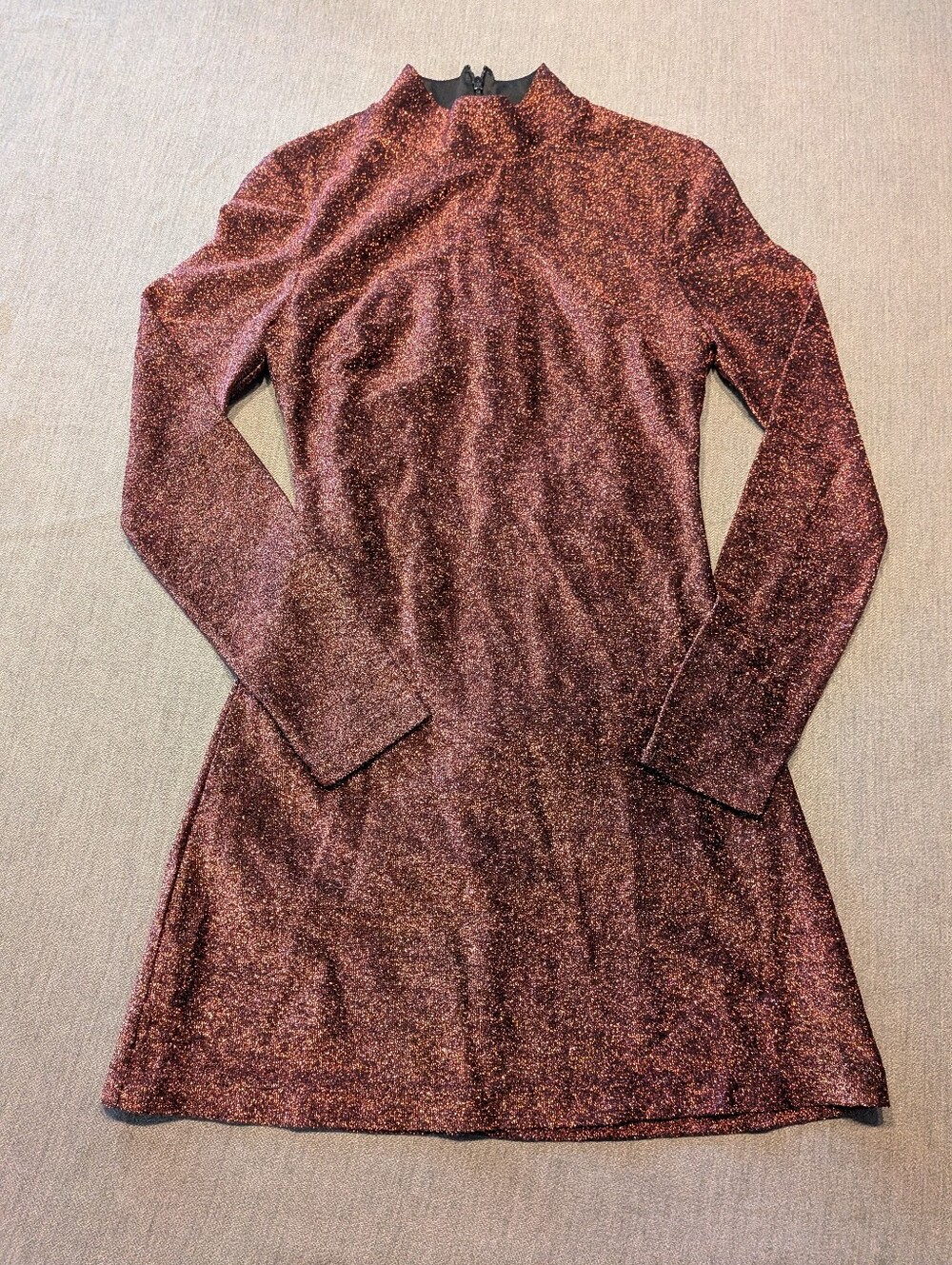 Women "Bardot" red glittering long sleeve short dress. Size 6. Medium